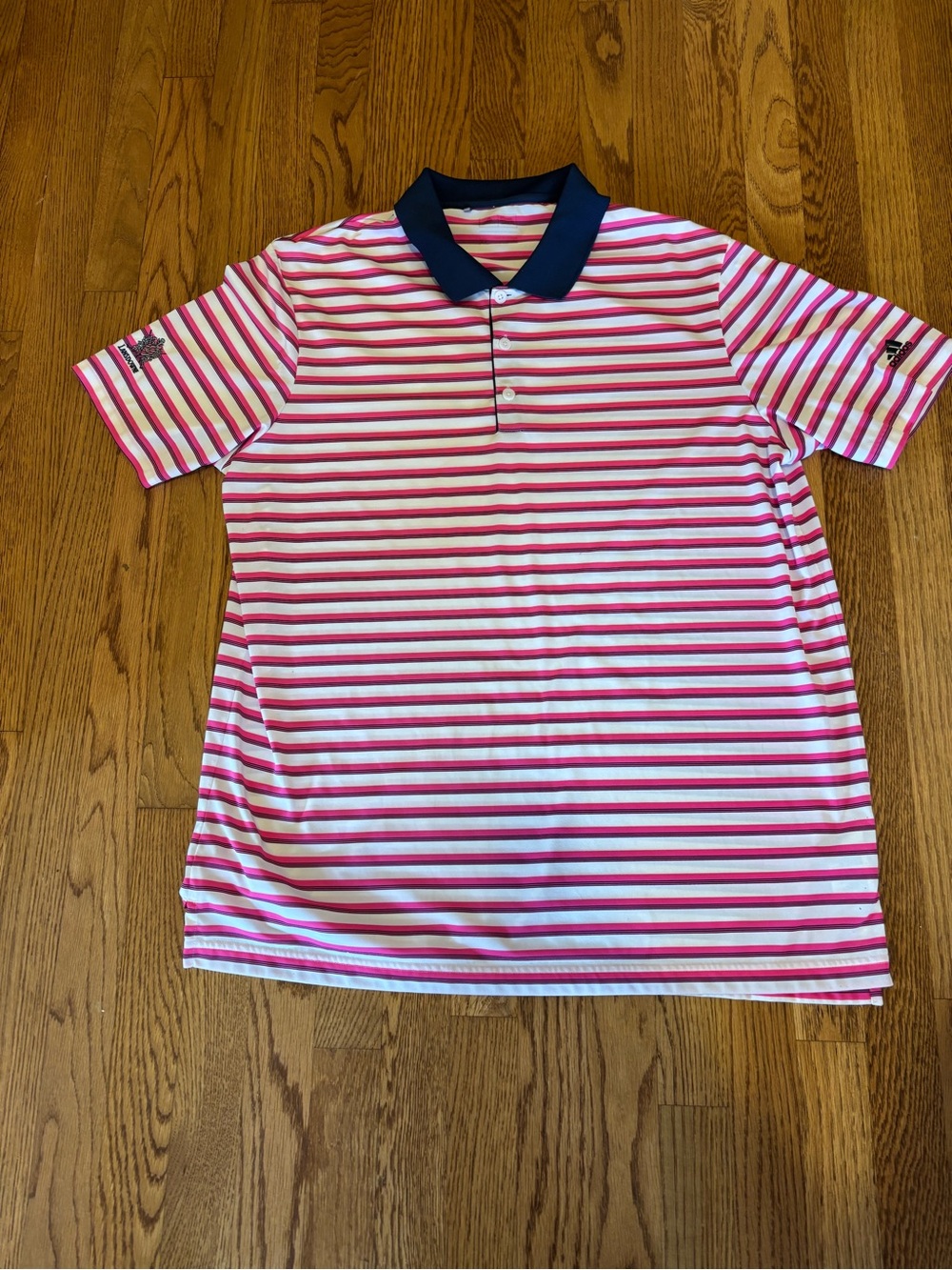 Adidas Mens Polo Shirt XL Pink White Navy Striped Logo Button Short Sleeve Golf